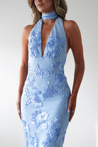 Halsey Tie Back Maxi Dress | Blue Textured | Oh Hello Clothing | XS (6)