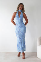 Halsey Tie Back Maxi Dress | Blue Textured | Oh Hello Clothing | XS (6)