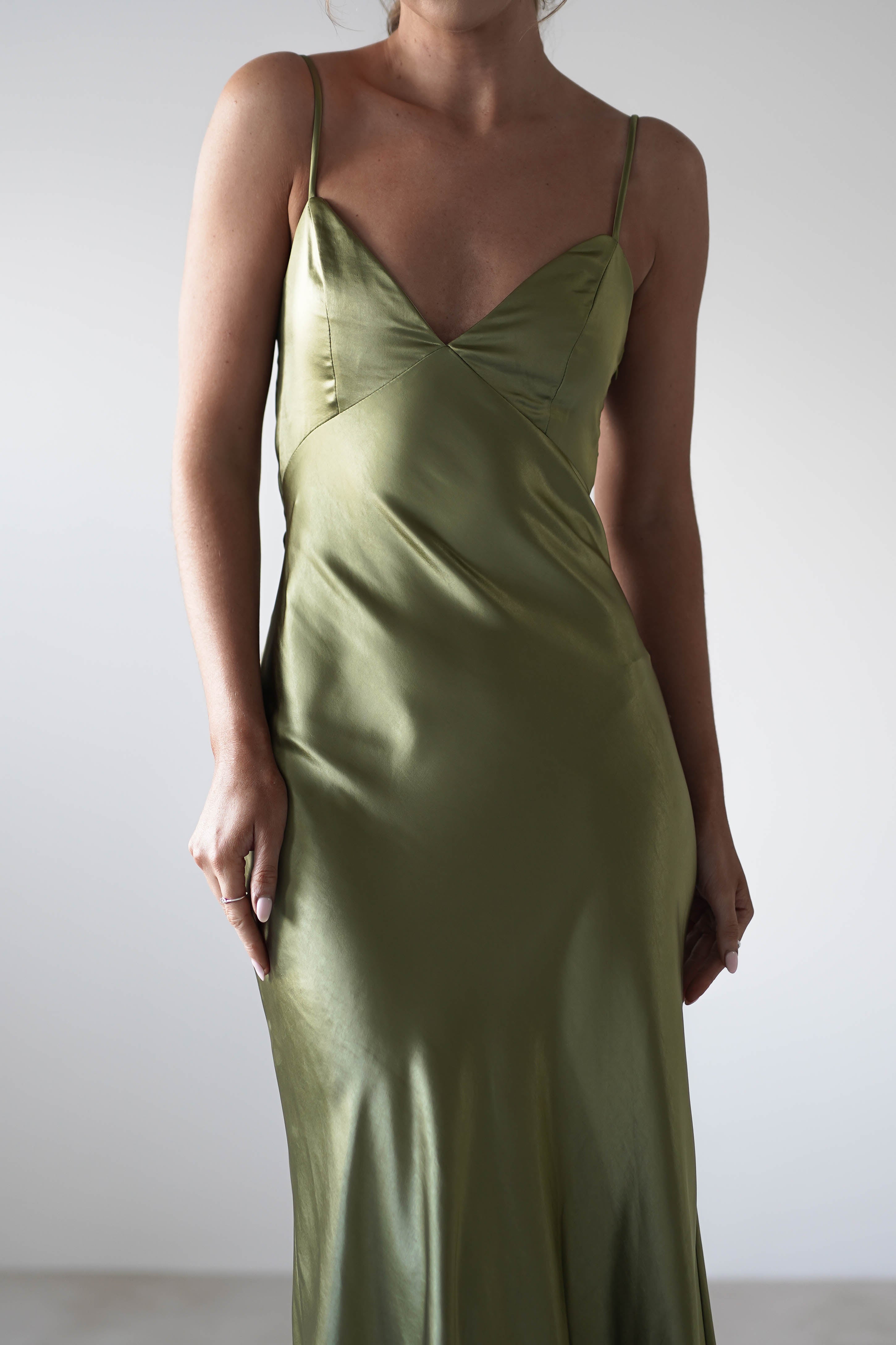 Hermie Silky Satin Maxi Dress | Olive | Oh Hello Clothing | XS (6)