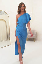 Jenna Soft Satin One Shoulder Maxi | Blue | Oh Hello Clothing | XS (6)