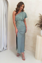 Jenna Soft Satin One Shoulder Maxi | Olive | Oh Hello Clothing | XS (6)