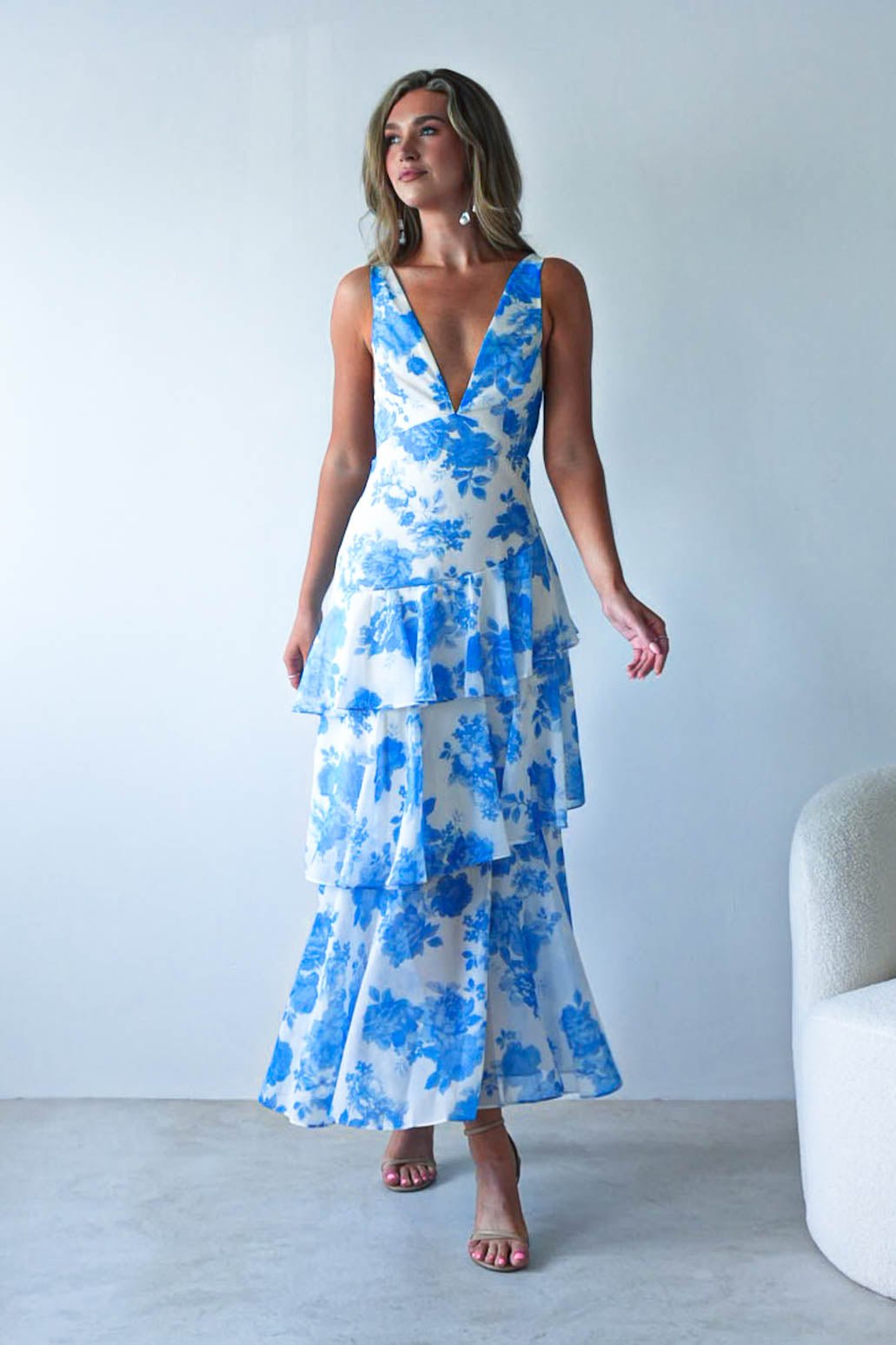 Lyla Floral Ruffle Midaxi Dress | Blue/White | Oh Hello Clothing | XS (6)