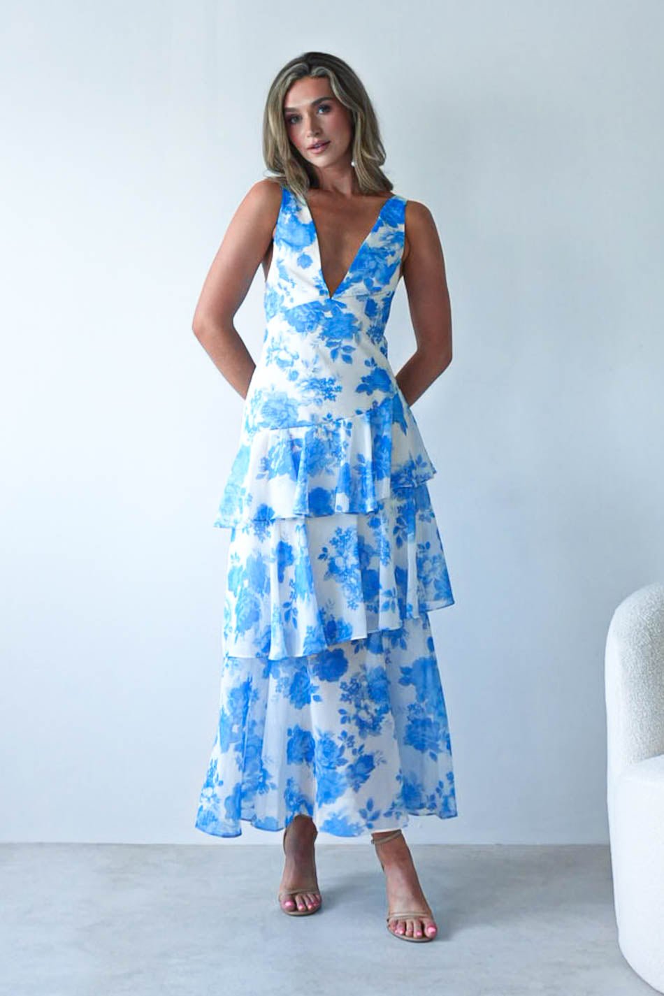 Lyla Floral Ruffle Midaxi Dress | Blue/White | Oh Hello Clothing | XS (6)