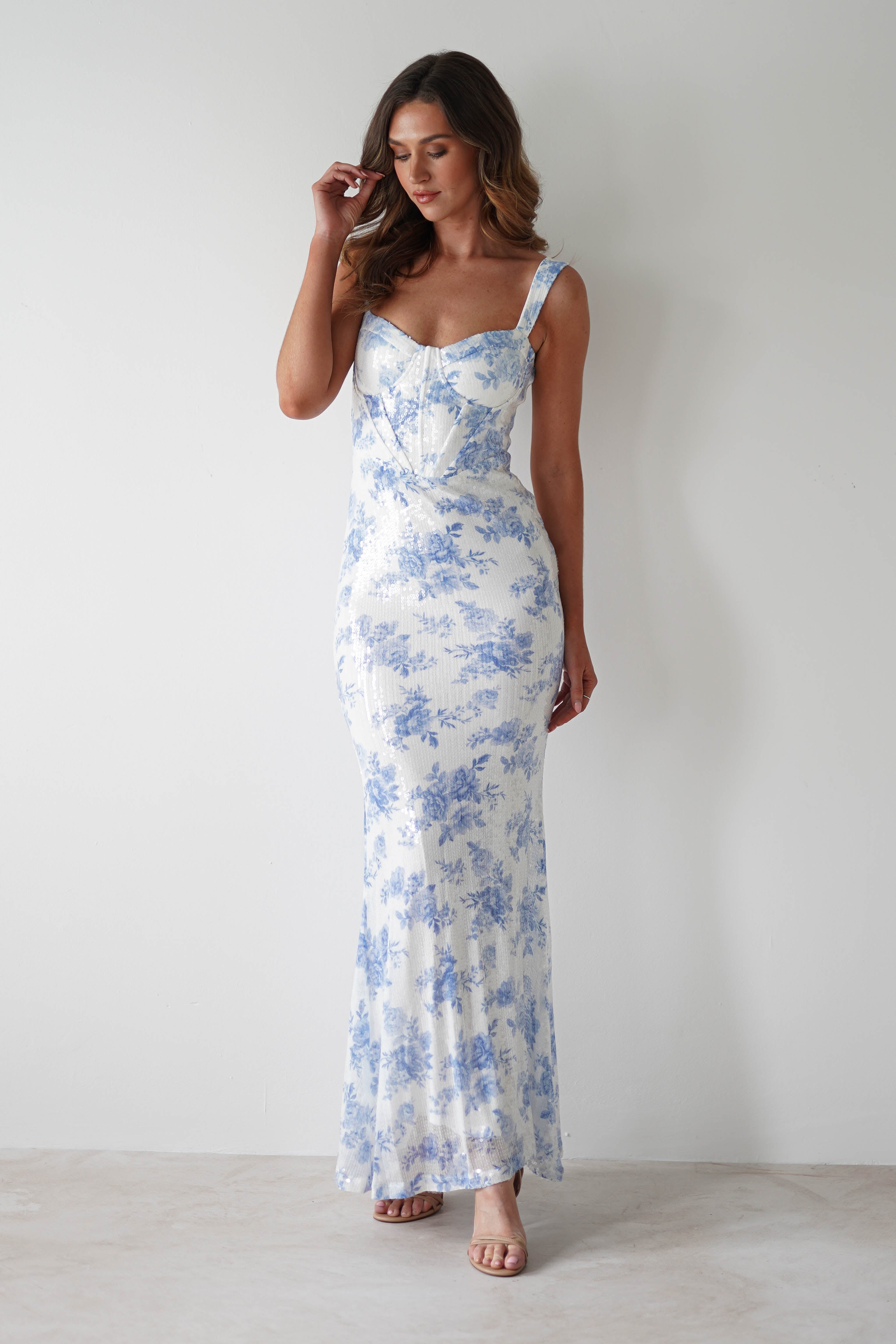 Lynelle Floral Sequin Maxi Dress | Blue/White - Oh Hello Clothing