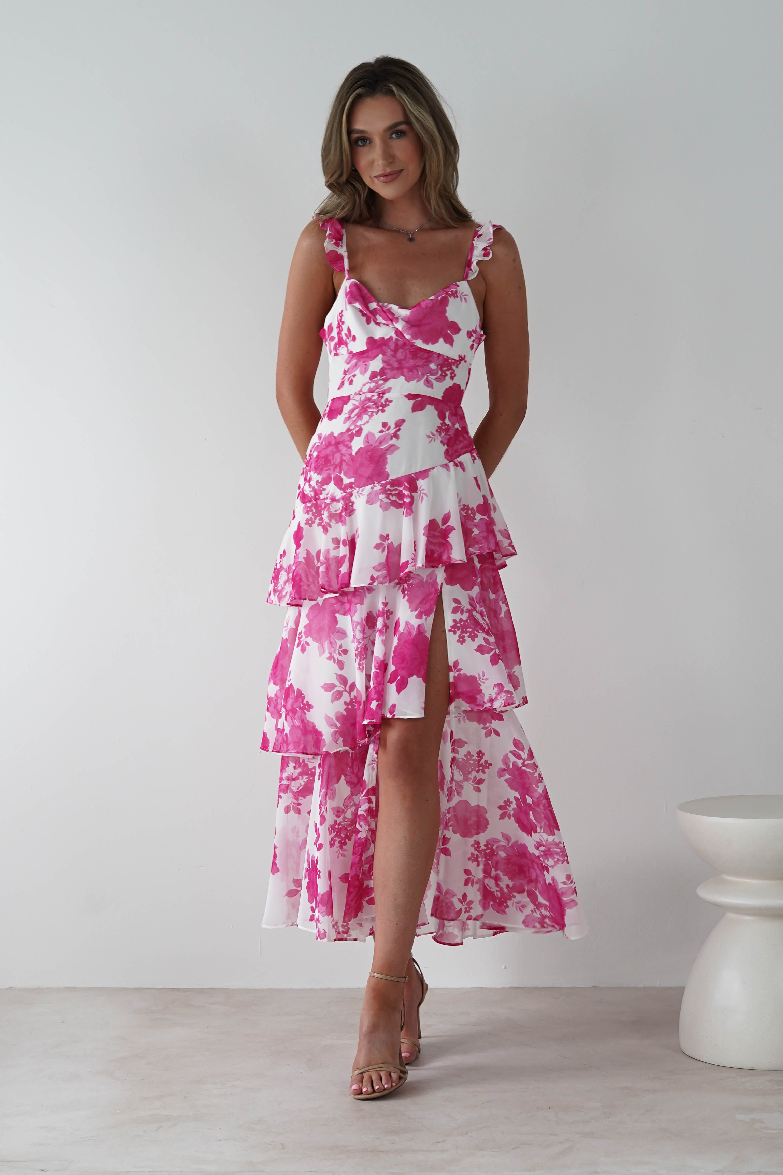 Madrid Ruffle Floral Maxi Dress | Pink | Oh Hello Clothing | XS (6)