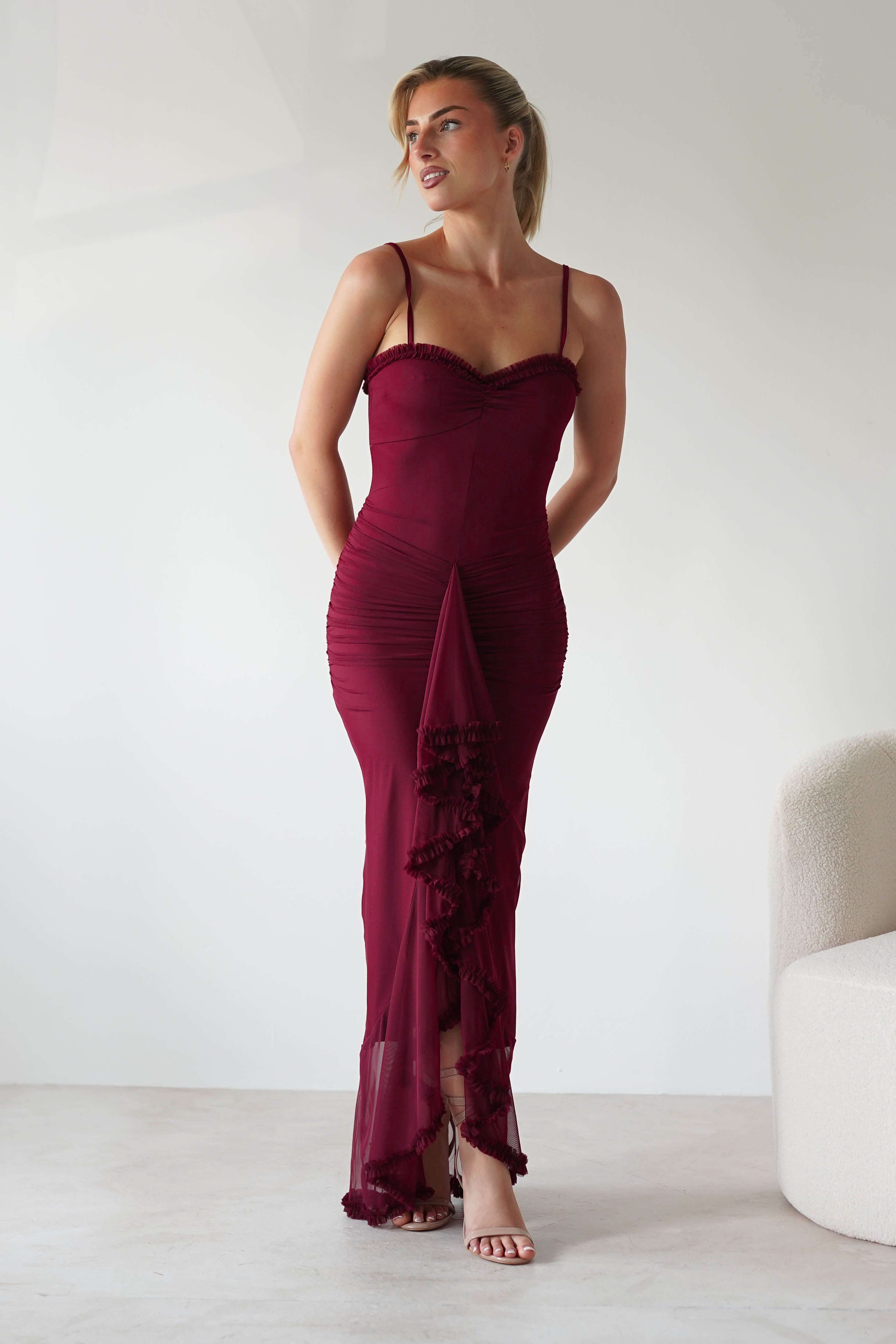 Manuella Mesh Bodycon Midaxi Dress | Burgundy | Oh Hello Clothing | XS (6)