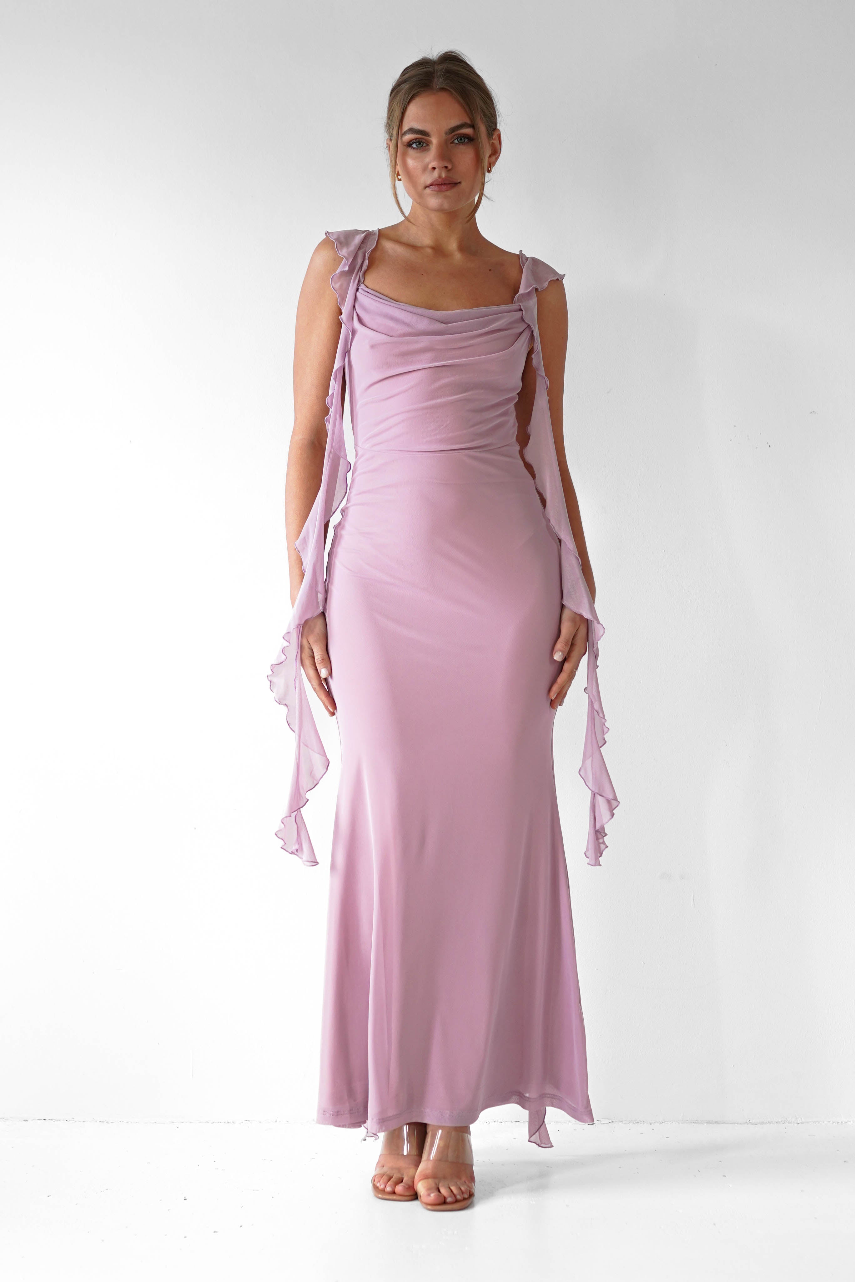 Miranda Ruffle Midaxi Dress | Mauve | Oh Hello Clothing | XS (6)