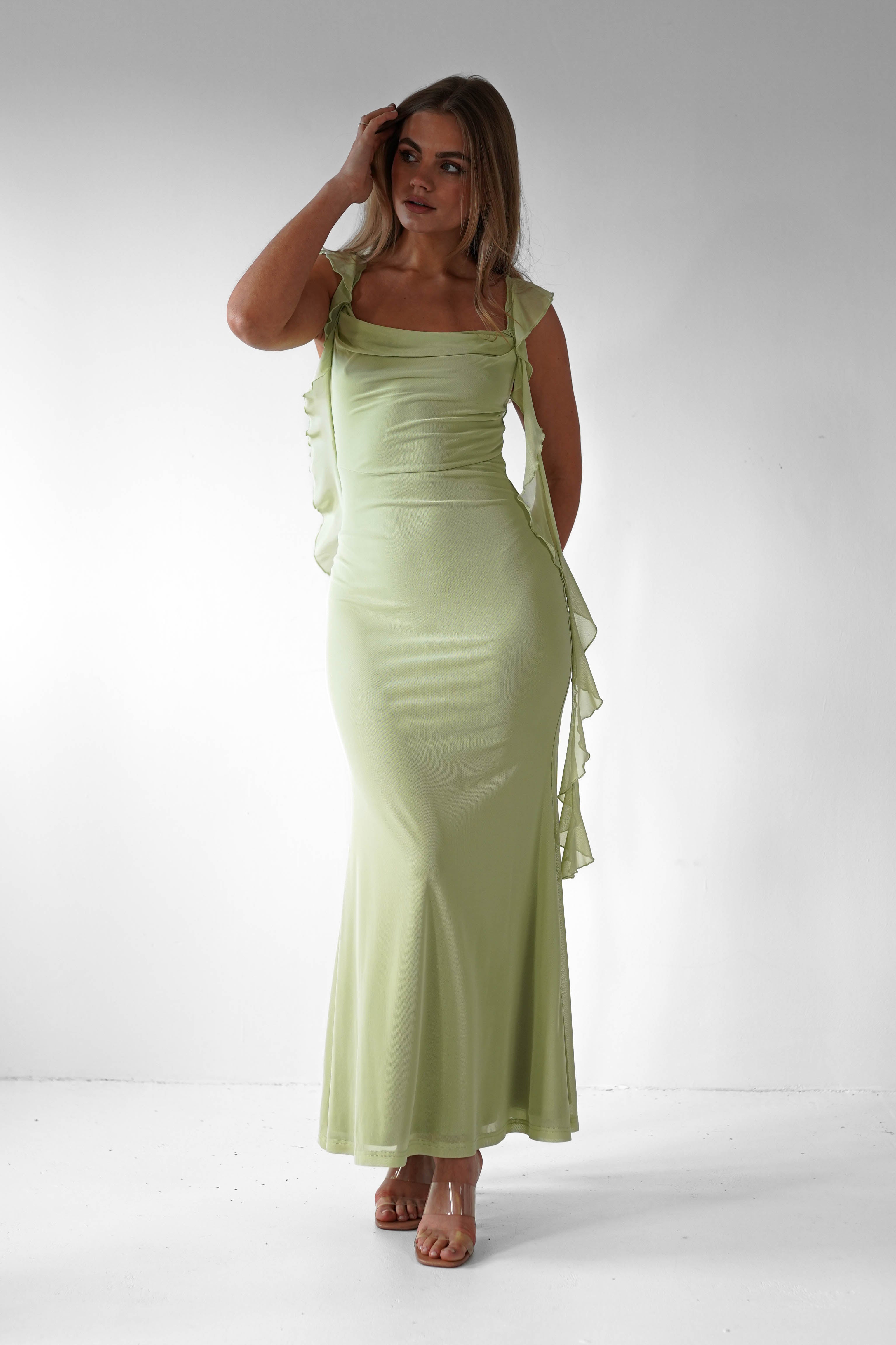 Miranda Ruffle Midaxi Dress | Pistachio | Oh Hello Clothing | XS (6)