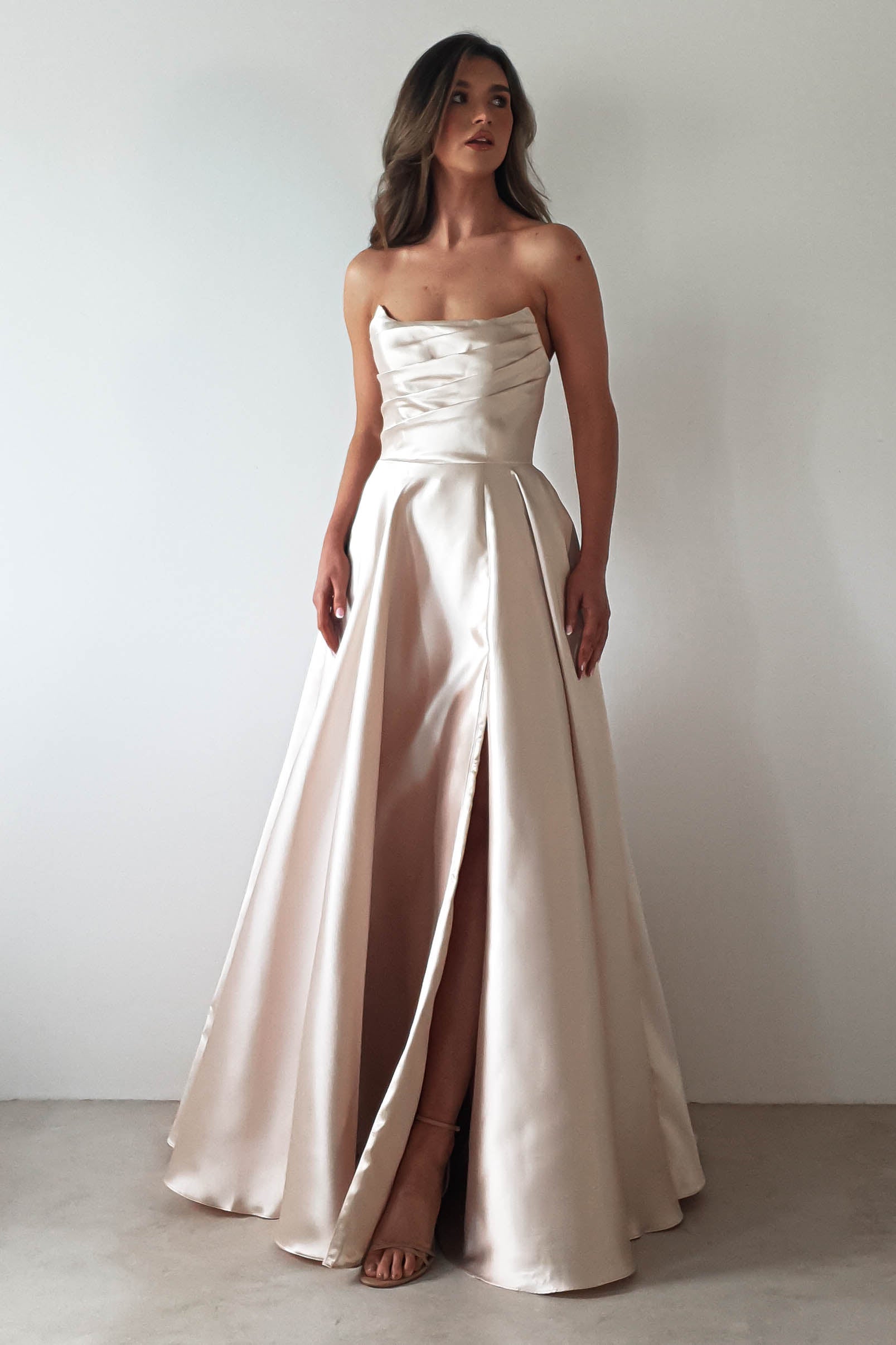 Miya Corset A - Line Satin Gown | Champagne | Oh Hello Clothing | XS (6)