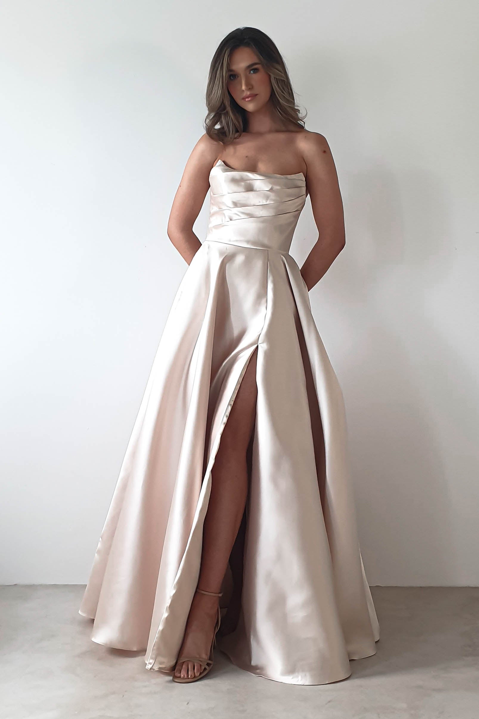 Miya Corset A - Line Satin Gown | Champagne | Oh Hello Clothing | XS (6)