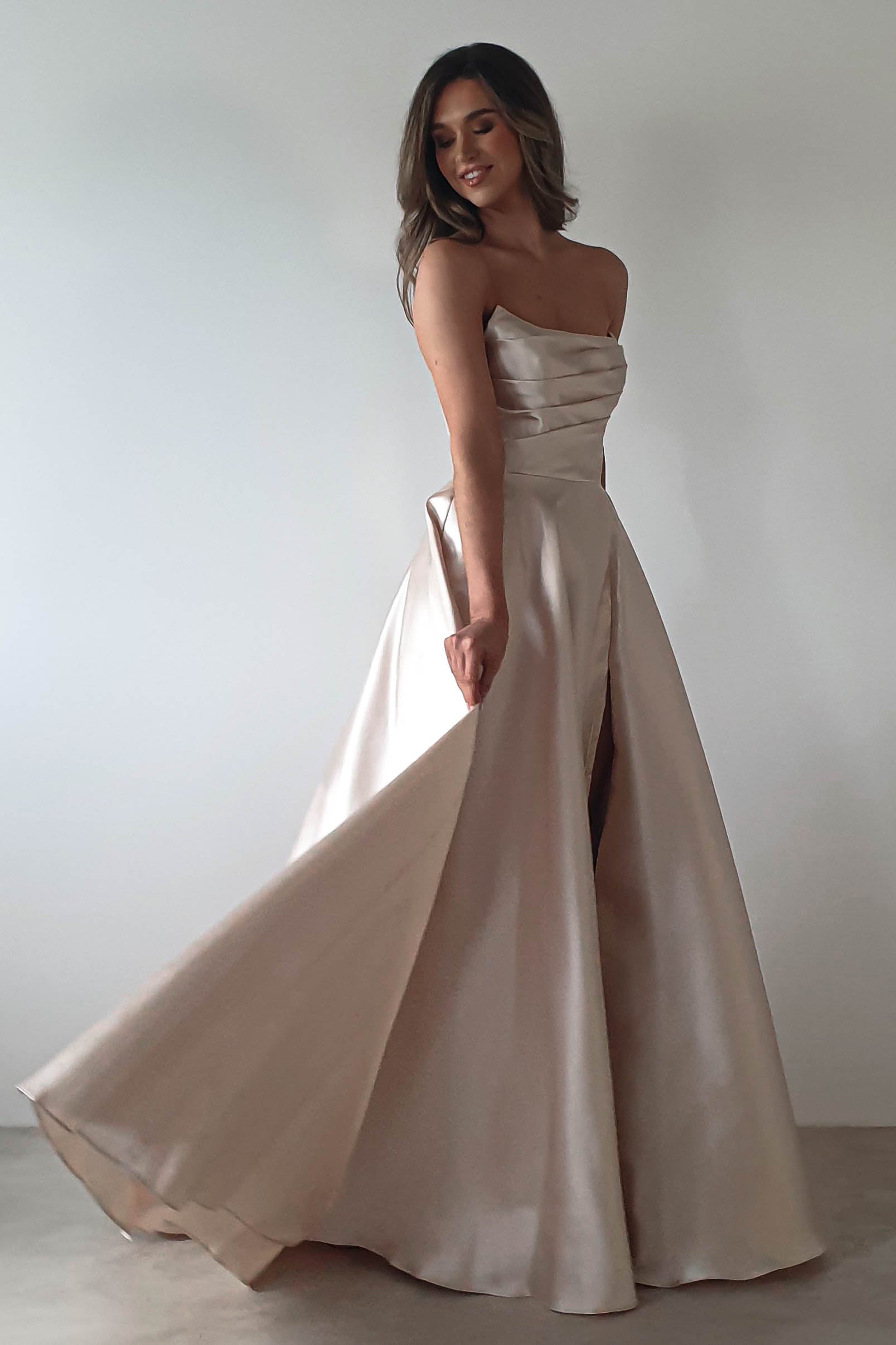 Miya Corset A - Line Satin Gown | Champagne | Oh Hello Clothing | XS (6)