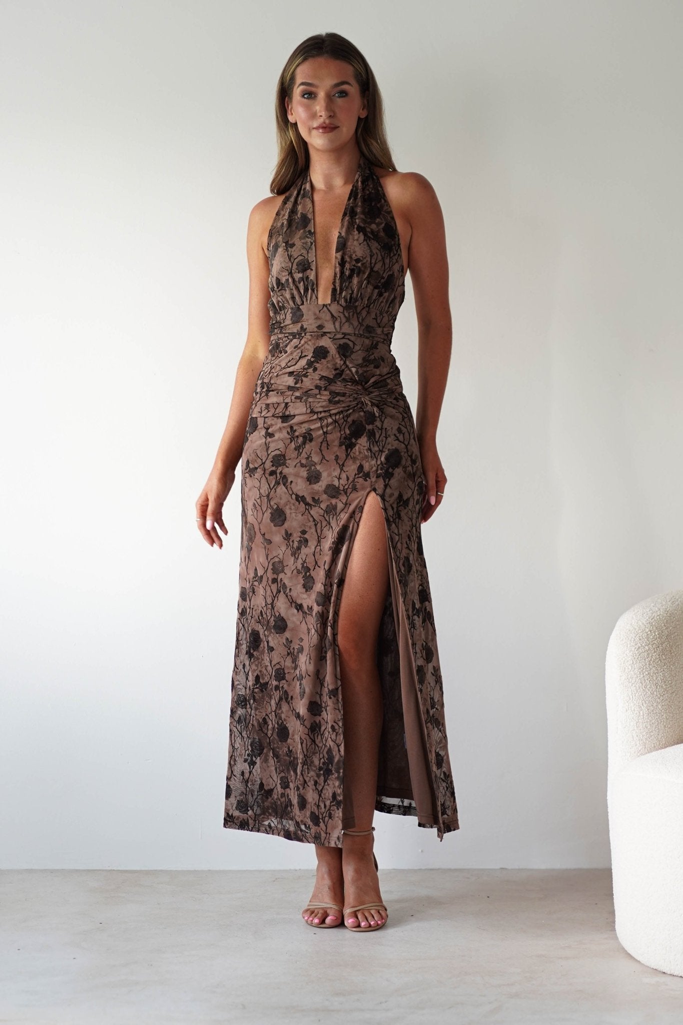 Paxton Halter Neck Floral Maxi Dress | Brown | Oh Hello Clothing | S (8)