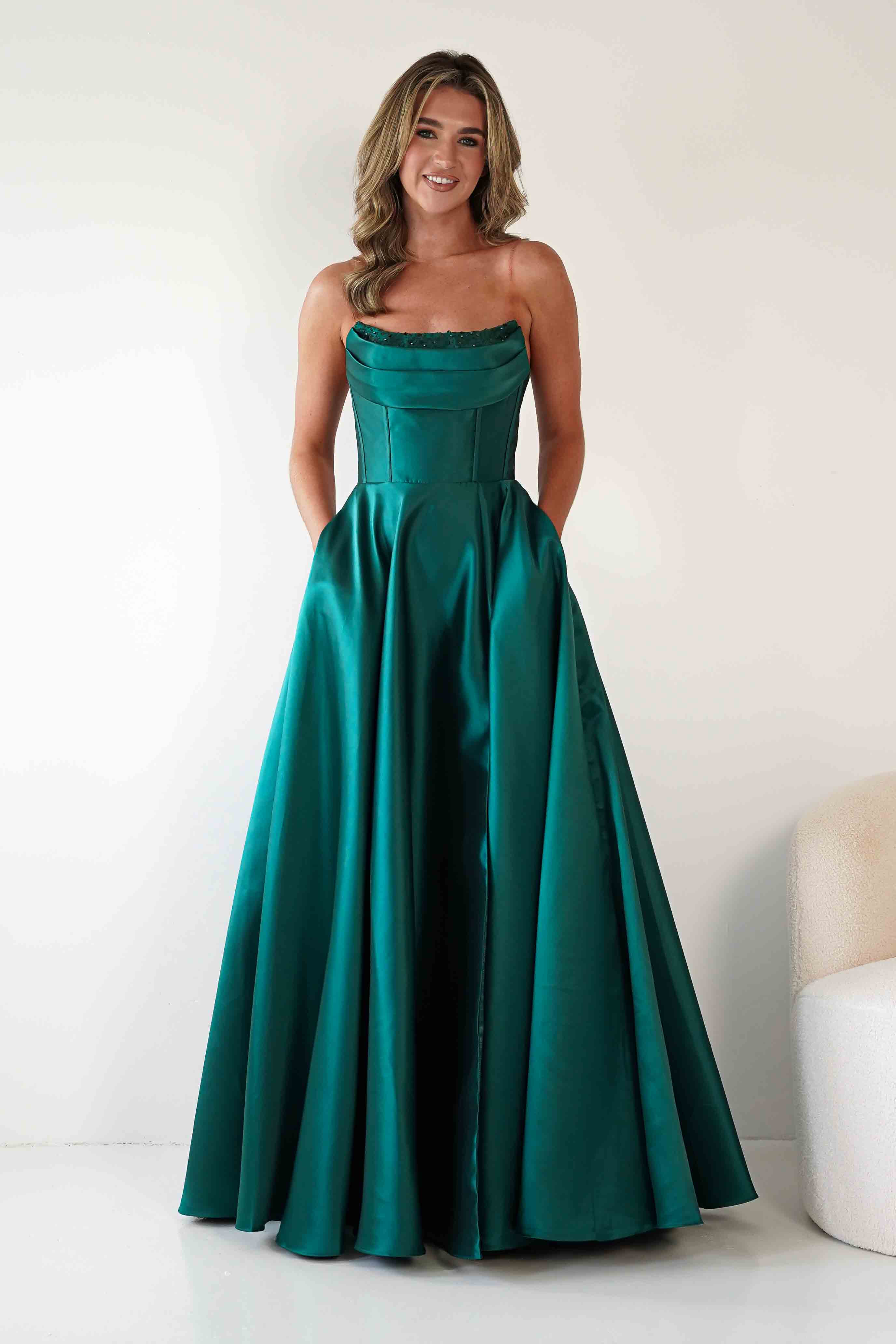 F&P Debs & Prom Dresses Pepper Strapless A-Line Maxi Gown | Emerald Green
