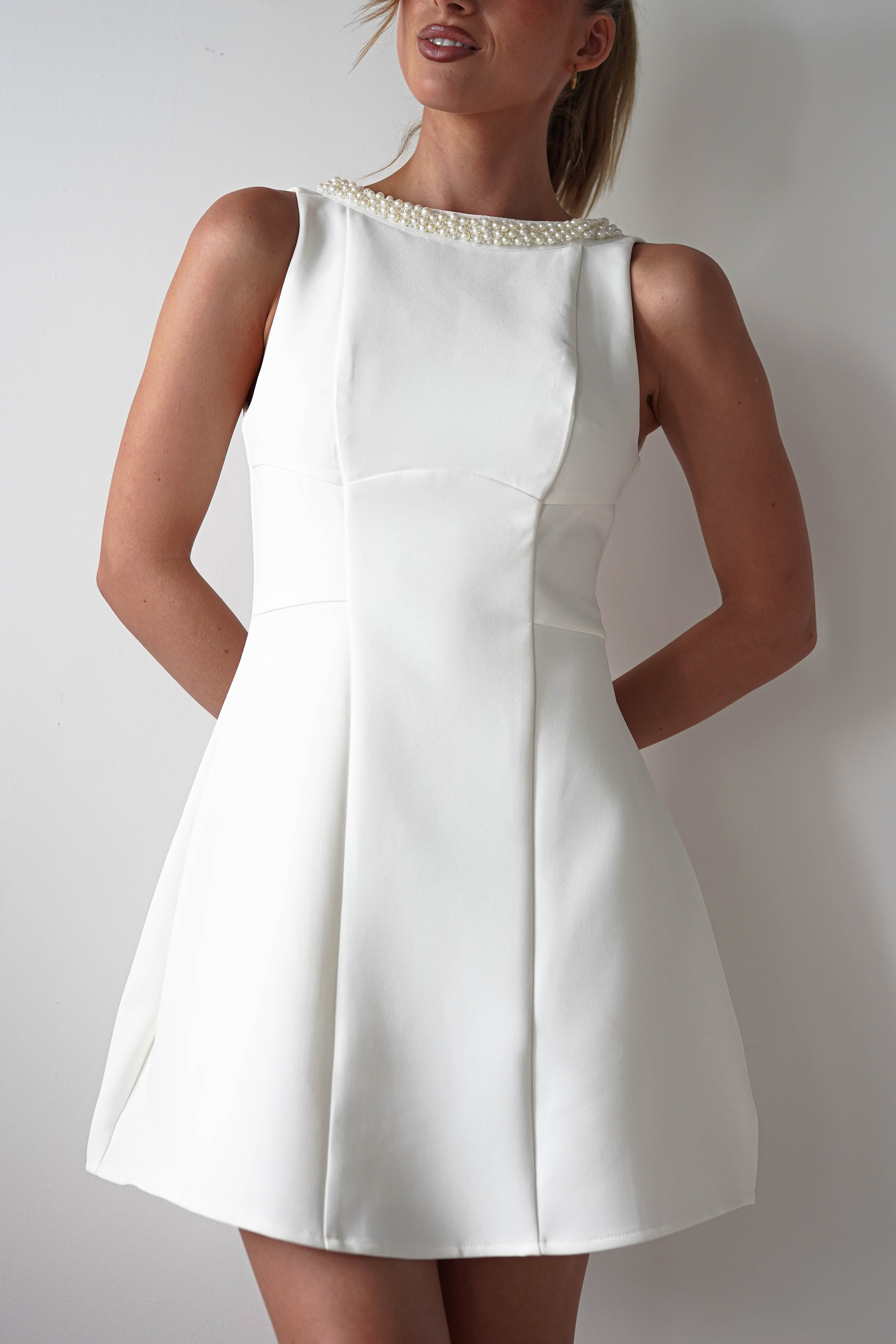 Polly Structured Pearl Detail Mini Dress | White | Oh Hello Clothing | XS (6)