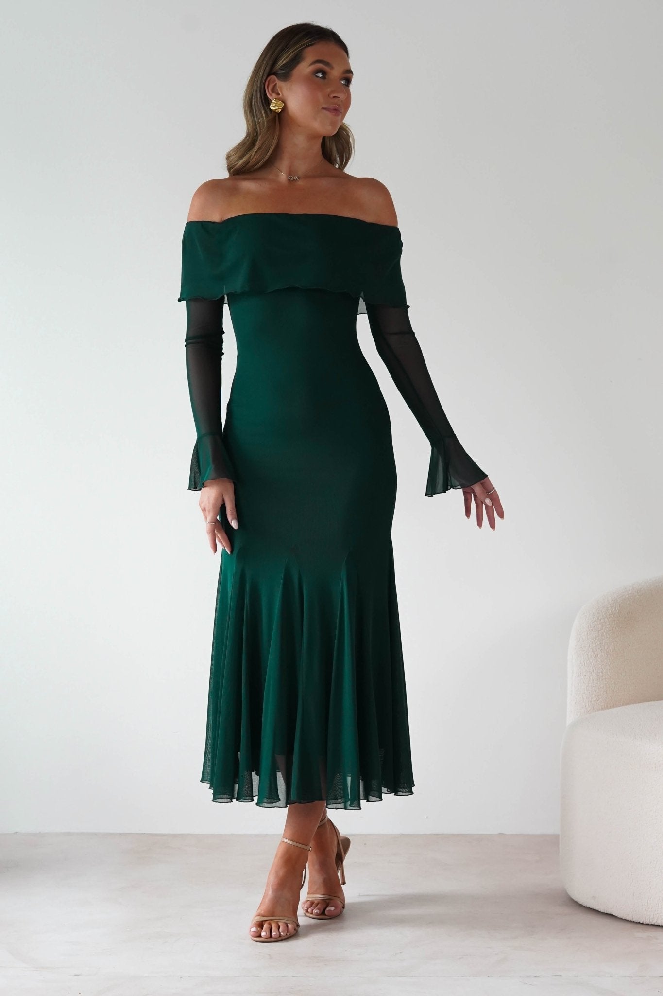 Presley Mesh Long Sleeve Midaxi Dress | Forest Green | Oh Hello Clothing | XS (6)