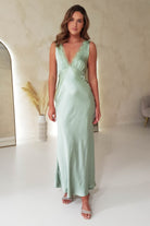 Rhylee Soft Satin Lace Detail Maxi Dress | Sage | Oh Hello Clothing | XS (6)