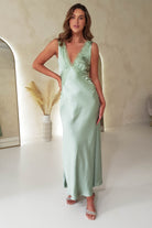 Rhylee Soft Satin Lace Detail Maxi Dress | Sage | Oh Hello Clothing | XS (6)