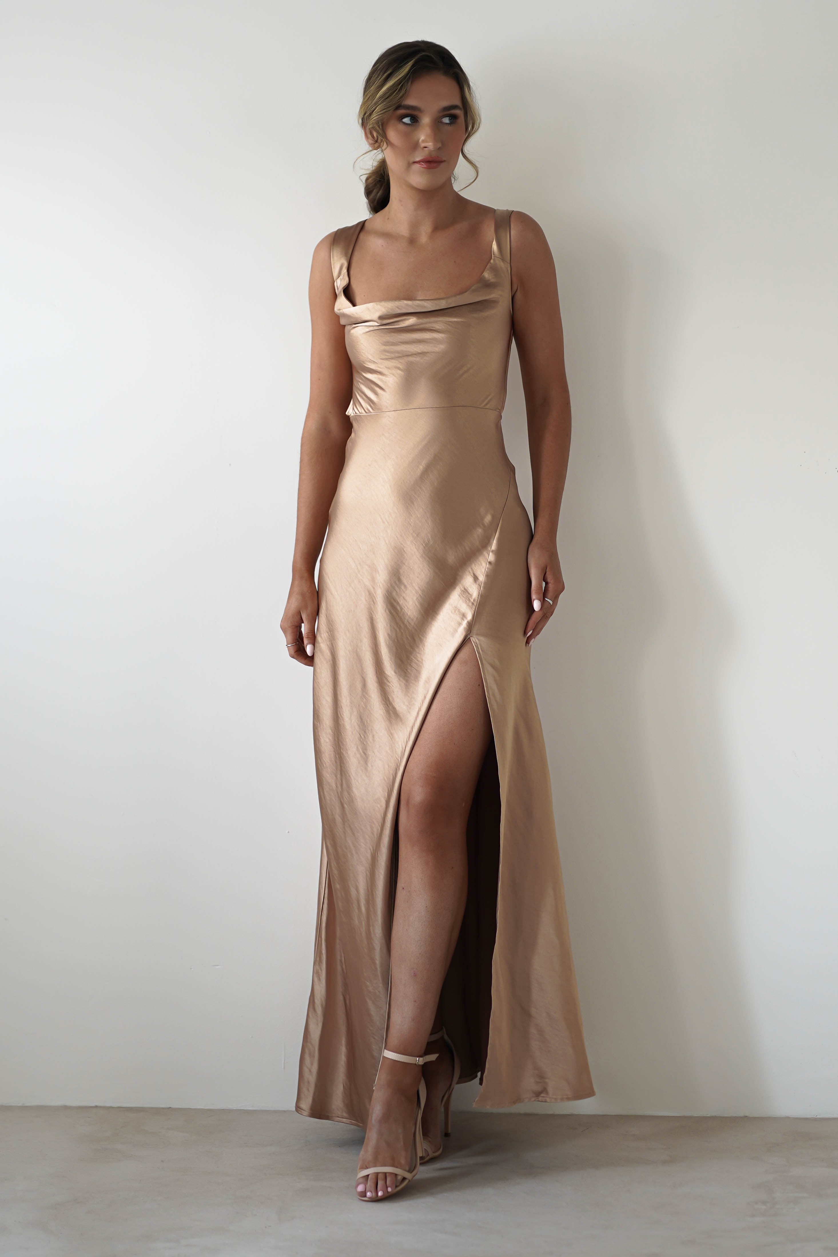 Riviera Soft Satin Maxi Gown | Gold/Bronze | Oh Hello Clothing | XS (6)
