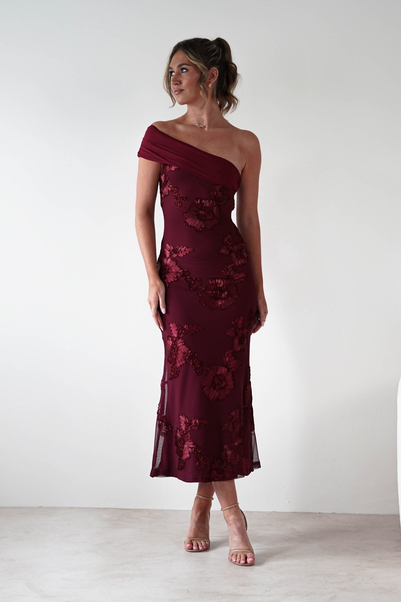 Rochelle Off The Shoulder Midi Dress | Wine | Oh Hello Clothing | XS (6)