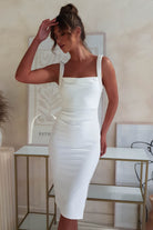 Salena Pearl Detail Bodycon Midi Dress | White | Oh Hello Clothing | XS (6)