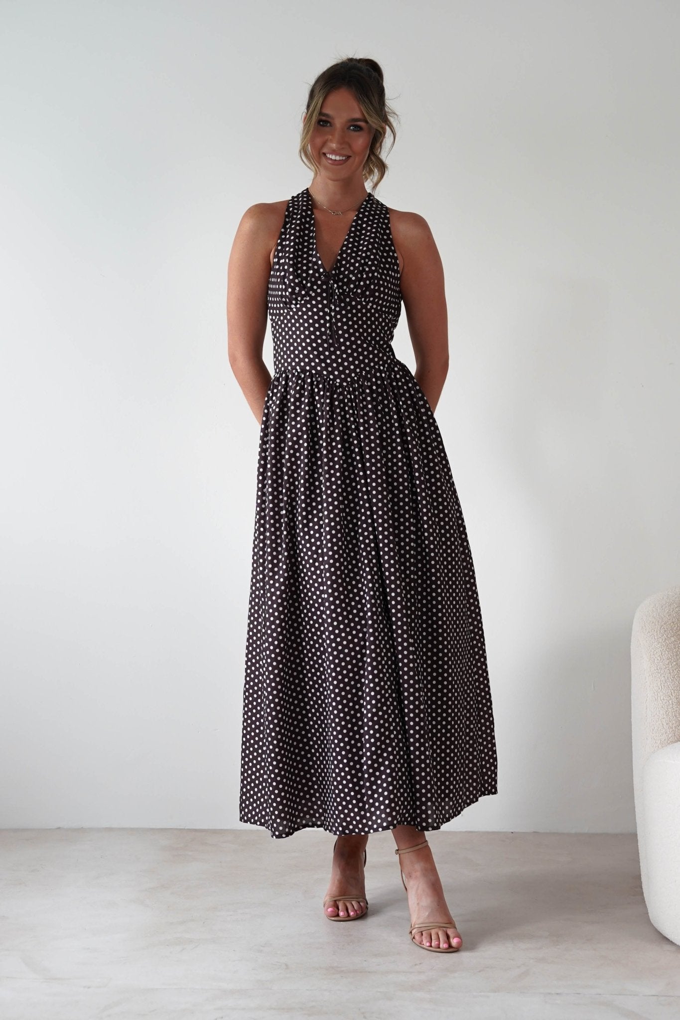 Sivana Polka Dot Skater Maxi Dress | Brown | Oh Hello Clothing | XS (6)