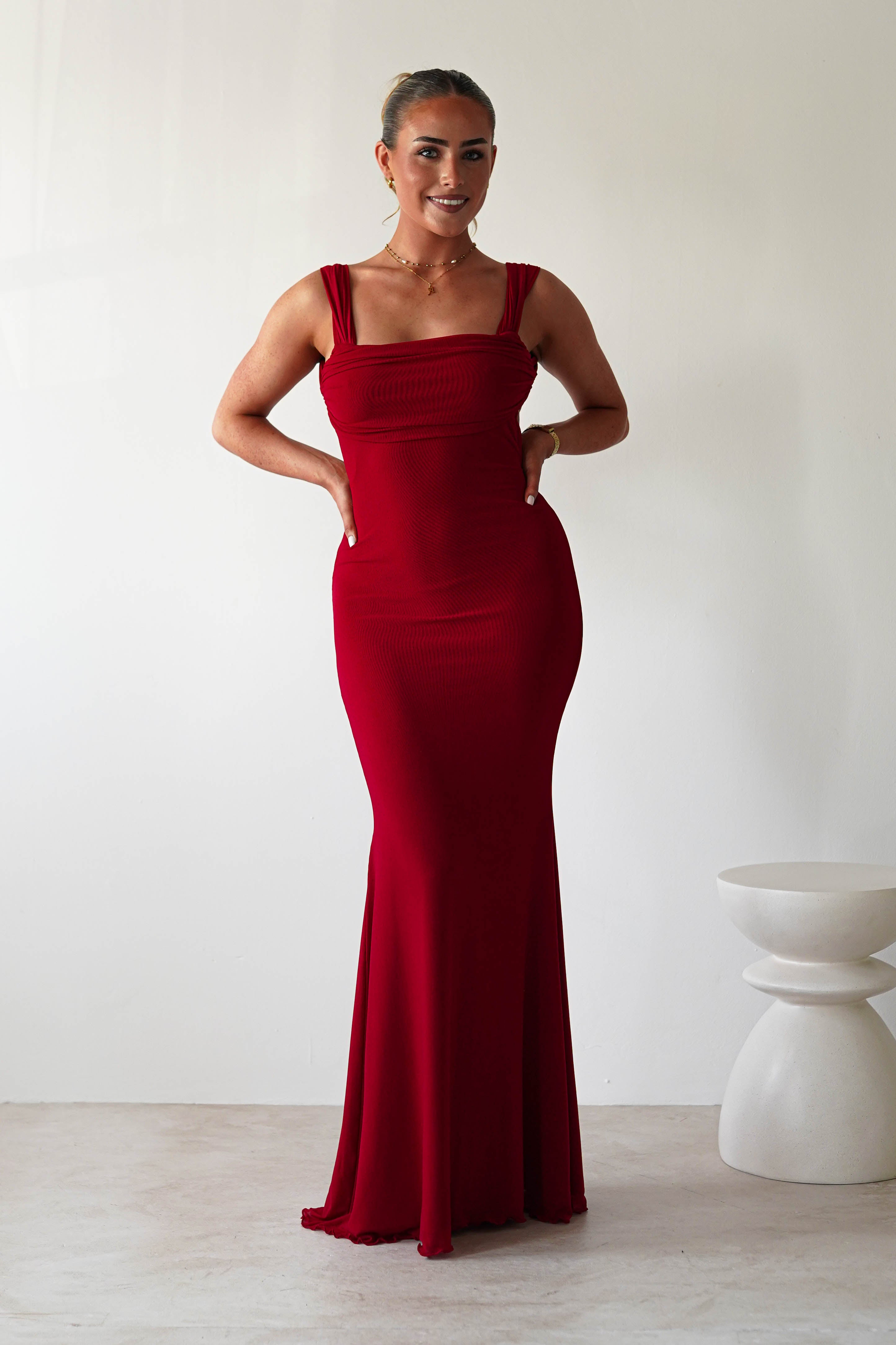 Sky Stretchy Mesh Backless Maxi Dress | Dark Red | Oh Hello Clothing | XS (6)