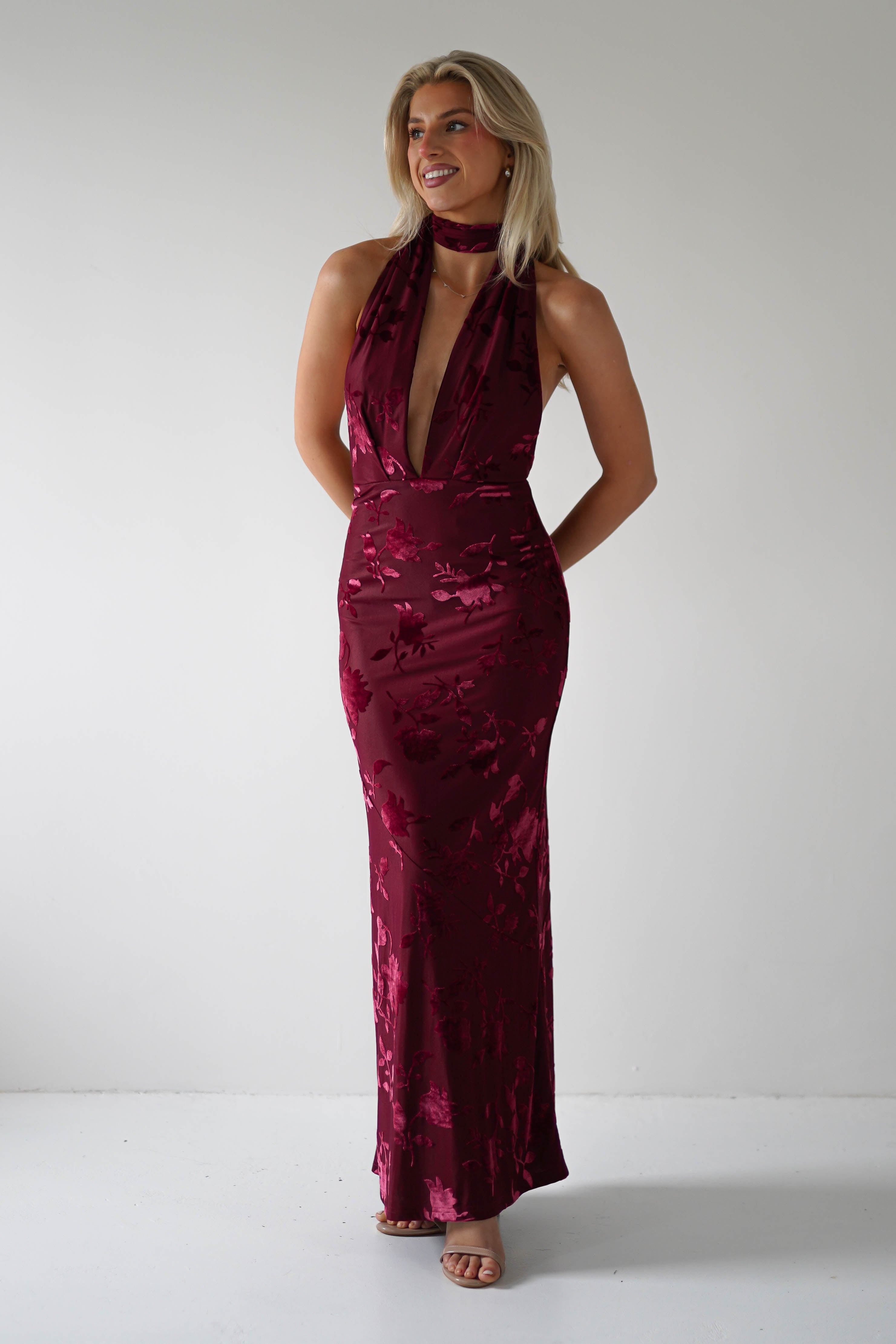 Tara Floral Jacquard Maxi Dress | Wine | Oh Hello Clothing | XS (6)