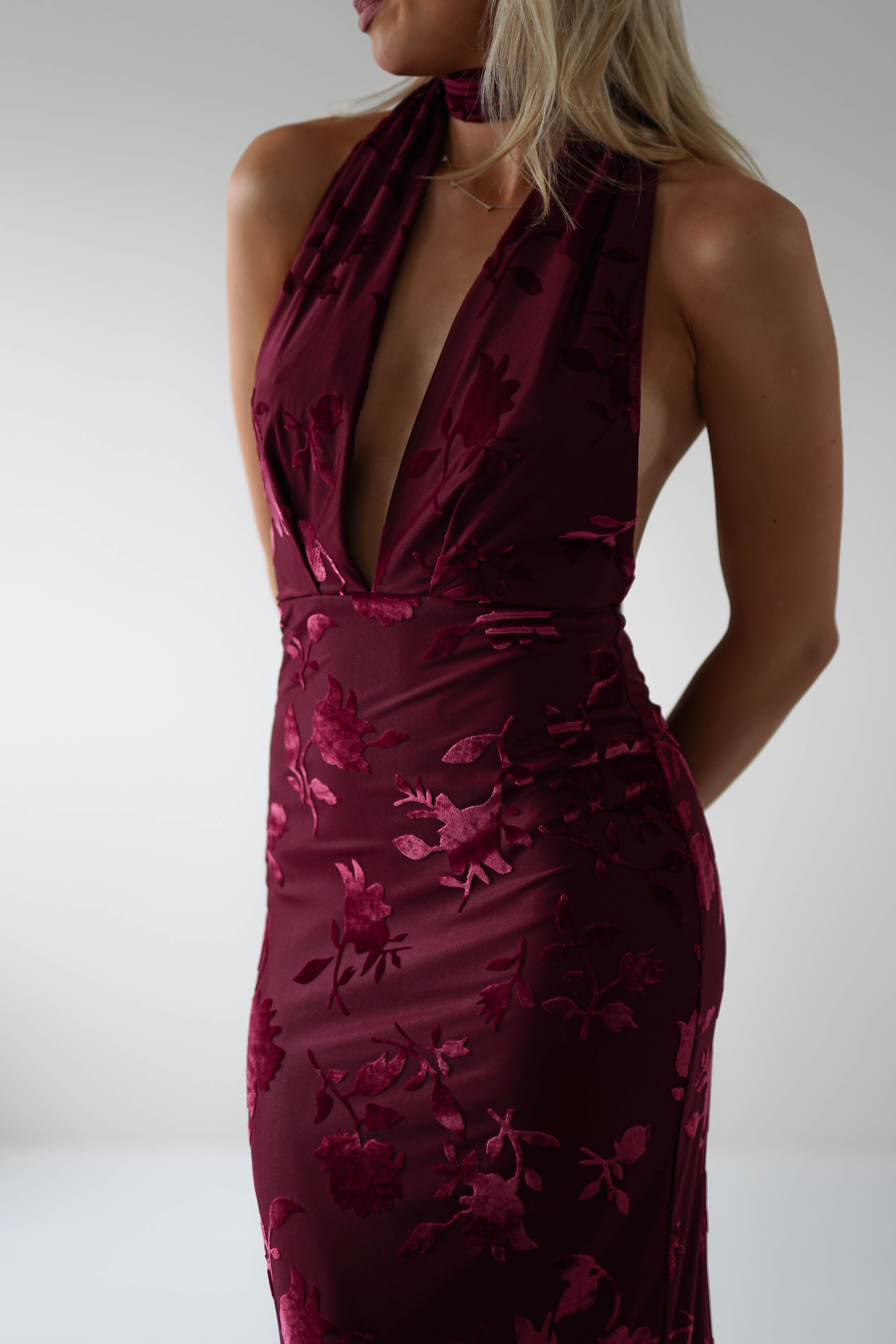 Tara Floral Jacquard Maxi Dress | Wine | Oh Hello Clothing | XS (6)