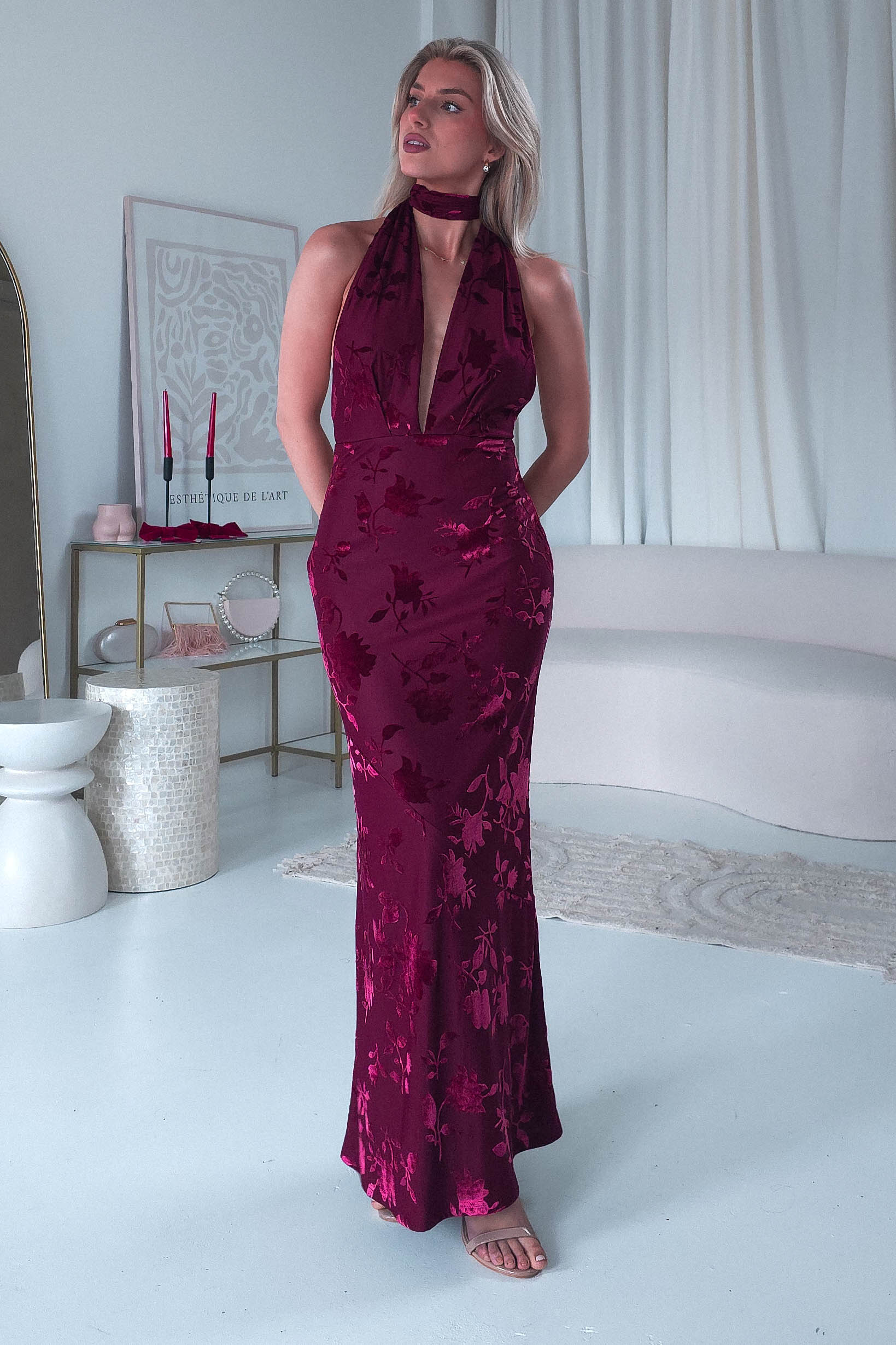 Tara Floral Jacquard Maxi Dress | Wine | Oh Hello Clothing | XS (6)