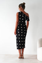 Valora Polka Dot Satin Midi Dress | Black | Oh Hello Clothing | S (8)