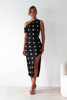 Valora Polka Dot Satin Midi Dress | Black | Oh Hello Clothing | S (8)
