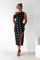 Valora Polka Dot Satin Midi Dress | Black | Oh Hello Clothing | S (8)