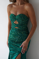 Zohra Cut Out Strapless Rhinestone Gown | Emerald | Oh Hello Clothing | S (8)