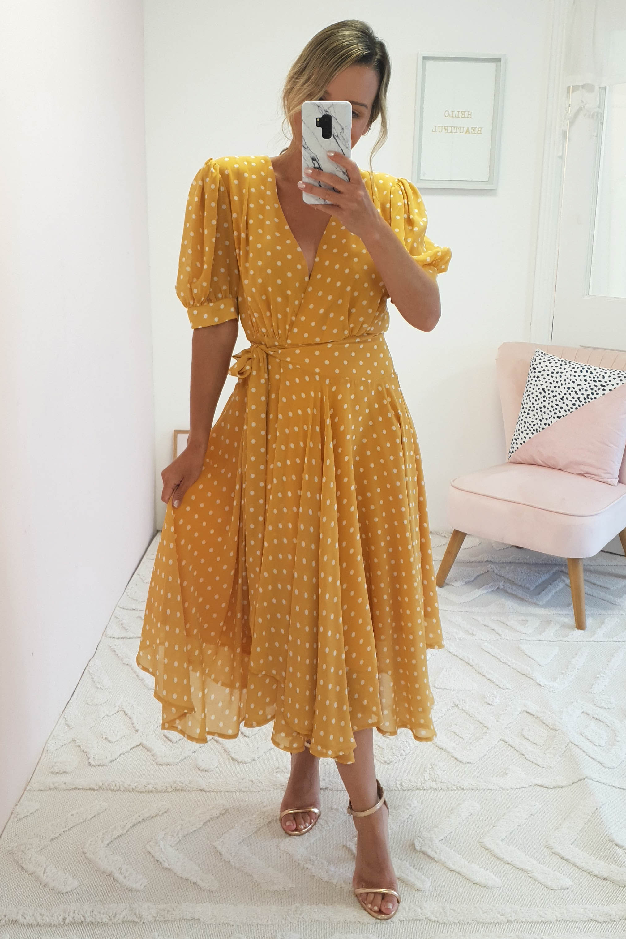 Andrea Polka Dot Midi Dress | Mustard | Oh Hello Clothing | XS (6)