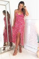 Billy Printed Satin Midi Dress | Red | Oh Hello Clothing | XS (6)