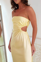 Naomi Satin Strapless Midi Dress | Yellow | Oh Hello Clothing | XS (6)