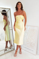 Naomi Satin Strapless Midi Dress | Yellow | Oh Hello Clothing | XS (6)