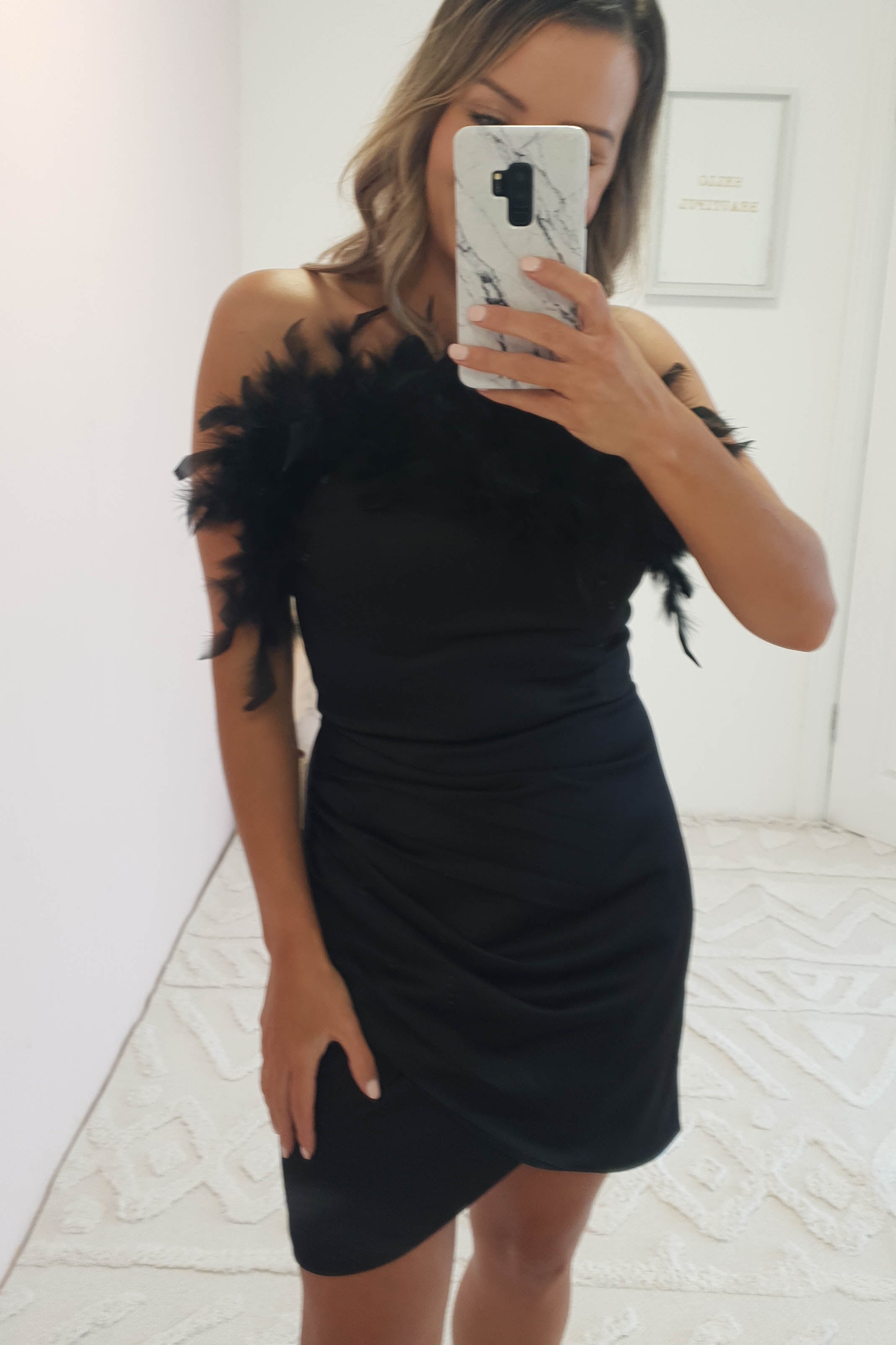 Amaya Faux Feather Detail Mini Dress | Black | Oh Hello Clothing | S (8)