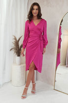 Louise Wrap Satin Midi Dress | Hot Pink | Oh Hello Clothing | S (8)