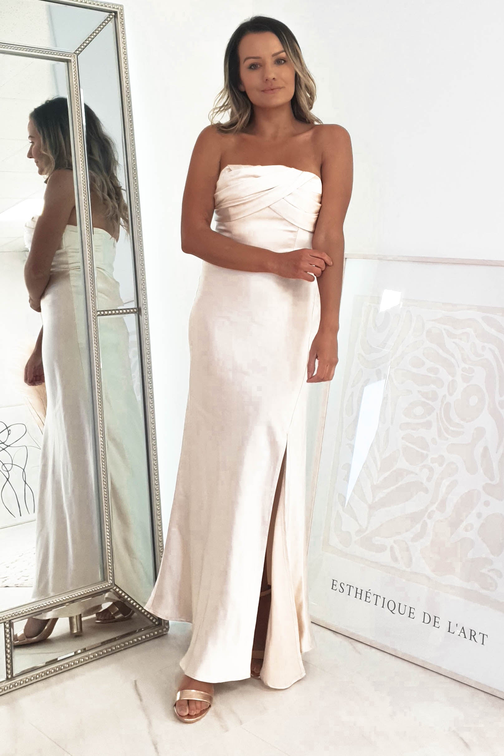 Everly Strapless Satin Midi Dress | Champange | Oh Hello Clothing | 6 (XS)