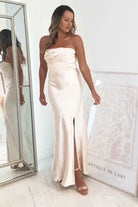Everly Strapless Satin Midi Dress | Champange | Oh Hello Clothing | 6 (XS)