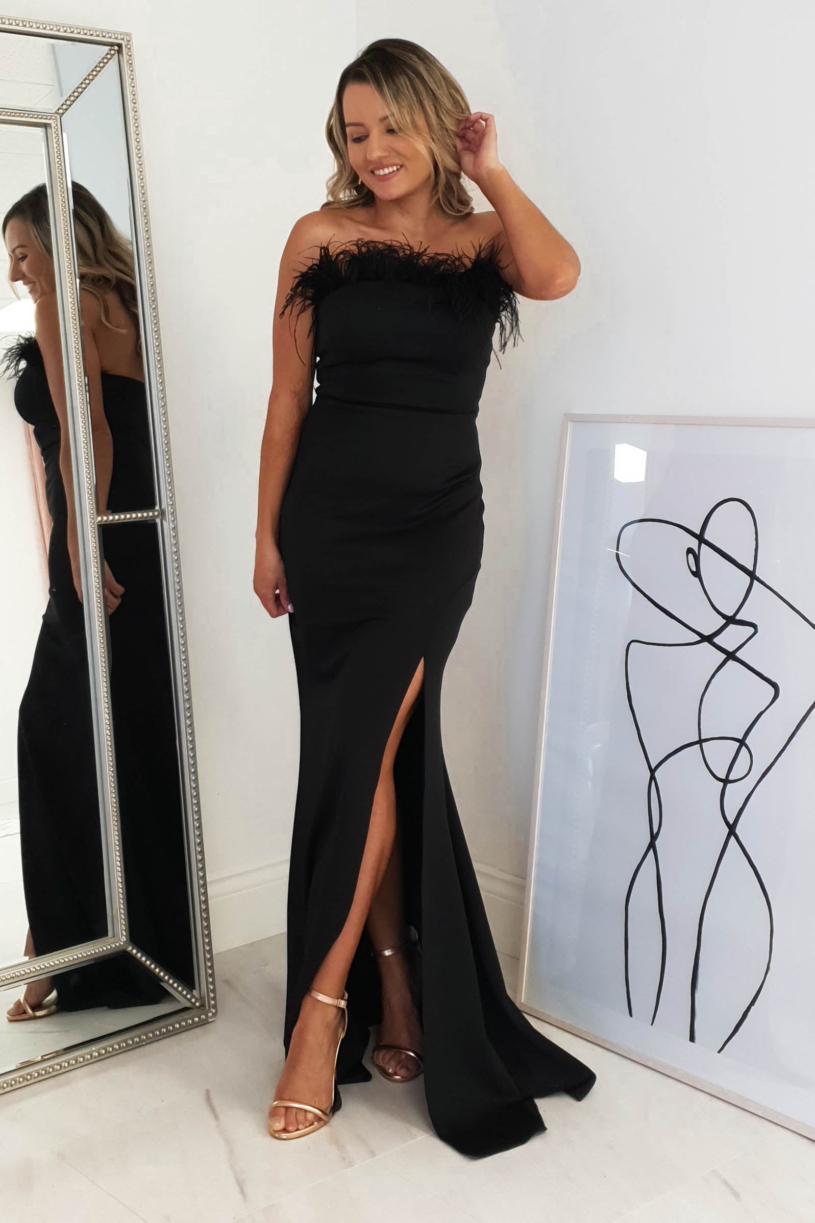 Nalani Feather Detail Gown | Black | Oh Hello Clothing | XS (6)
