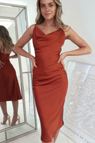 Natalie Satin Cowl Neck Midi Dress | Rust | Oh Hello Clothing | XS (6)