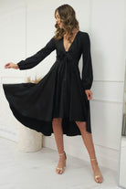 Nicola Satin Tie Front Midi Dress | Black | Oh Hello Clothing | XS (6)