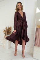 Nicola Satin Tie Front Midi Dress | Chocolate | Oh Hello Clothing | XS (6)