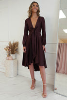 Nicola Satin Tie Front Midi Dress | Chocolate | Oh Hello Clothing | XS (6)