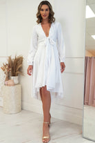 Nicola Satin Tie Front Midi Dress | White | Oh Hello Clothing | XS (6)